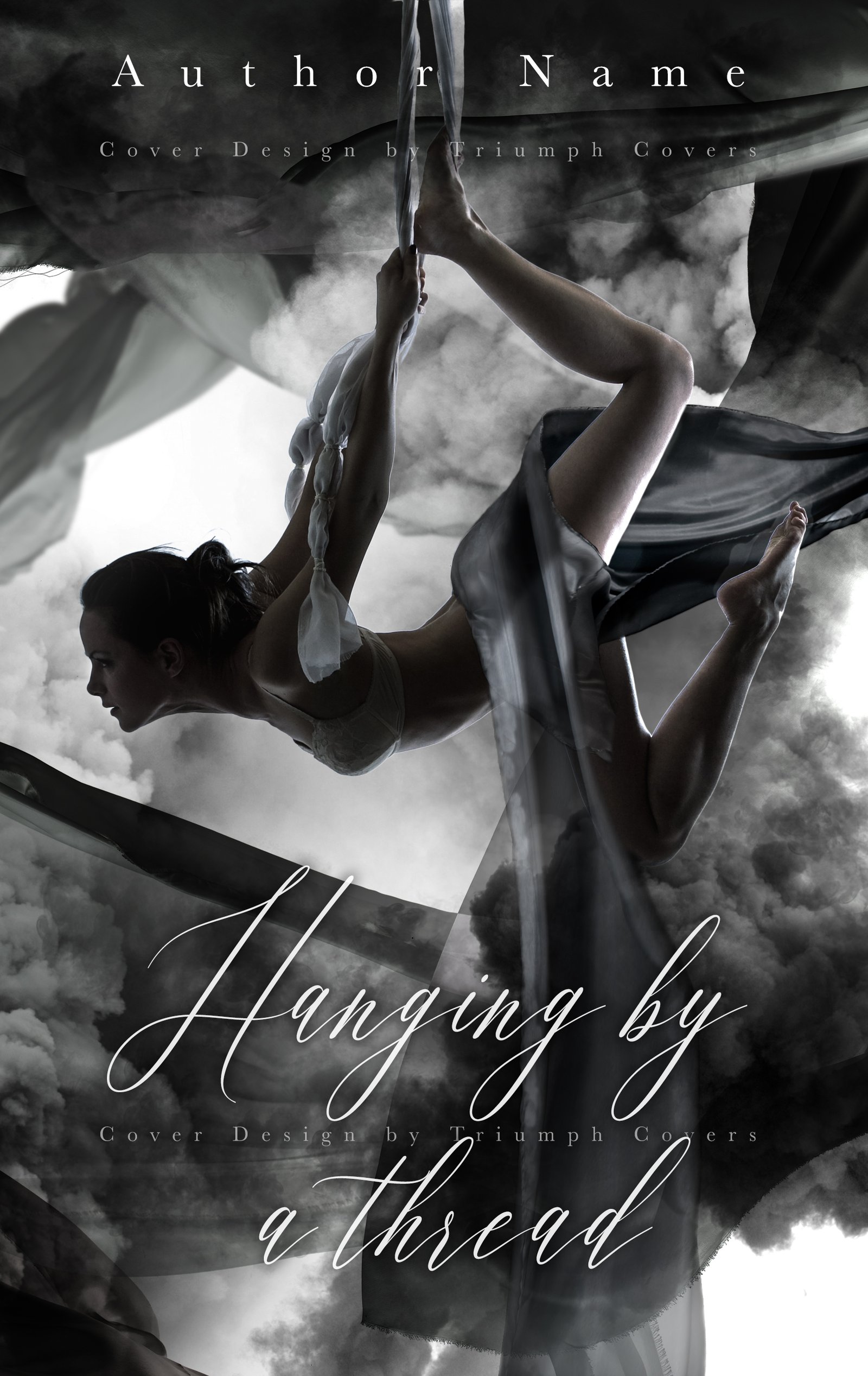 girl hanging by a cloth from the sky