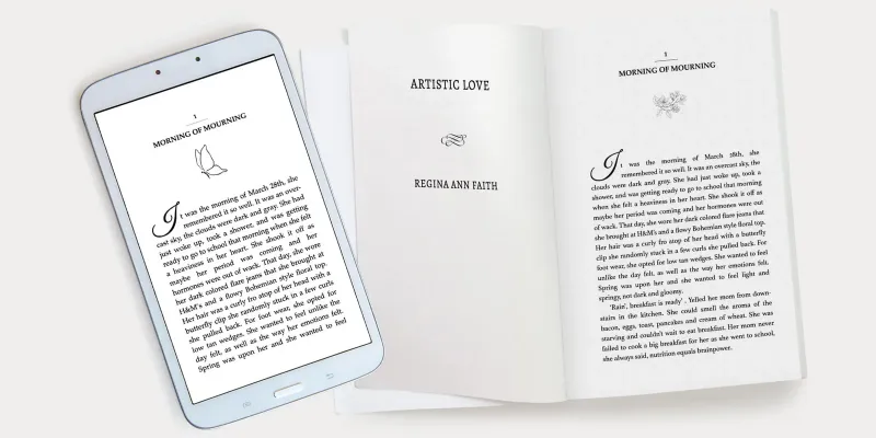 An interior formatting example shown as a printed paperback and on an ereader